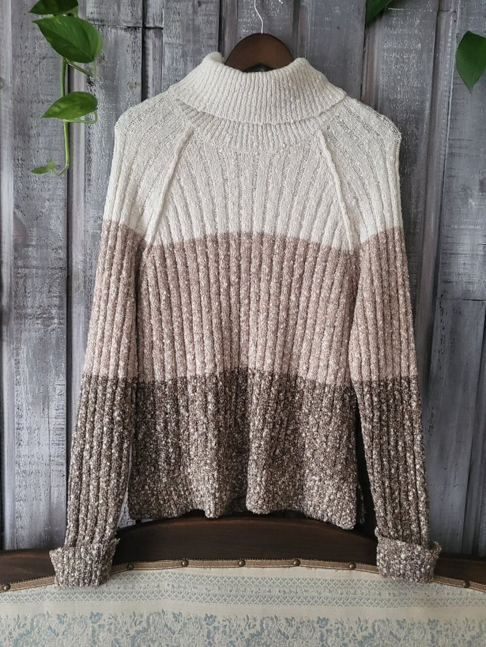 Tahari Sweater Cotton Size XL Colorblock Ribbed Knit Turtleneck